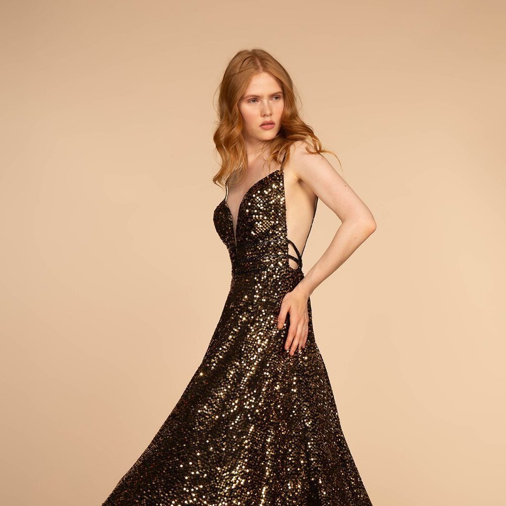 NEW LONG SLEEVELESS OFF SHOULDER A-LINE DRESS EMBROIDERED WITH SEQUINS GL2581